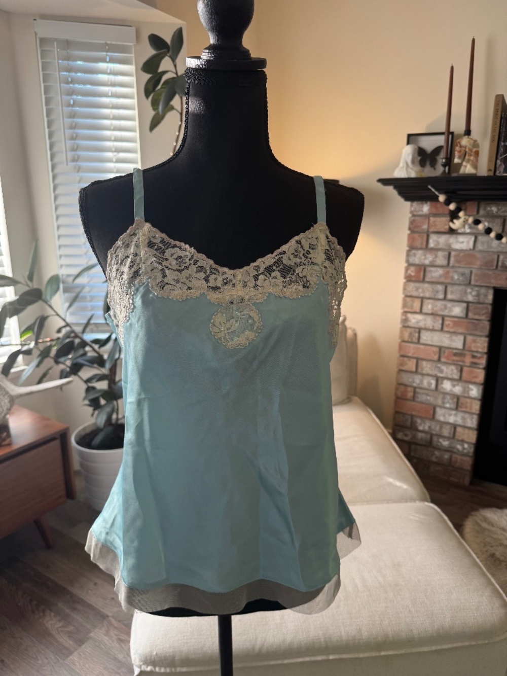 Poet Aqua Blue Satin Lace Camisole Tank Top Size L Y2K